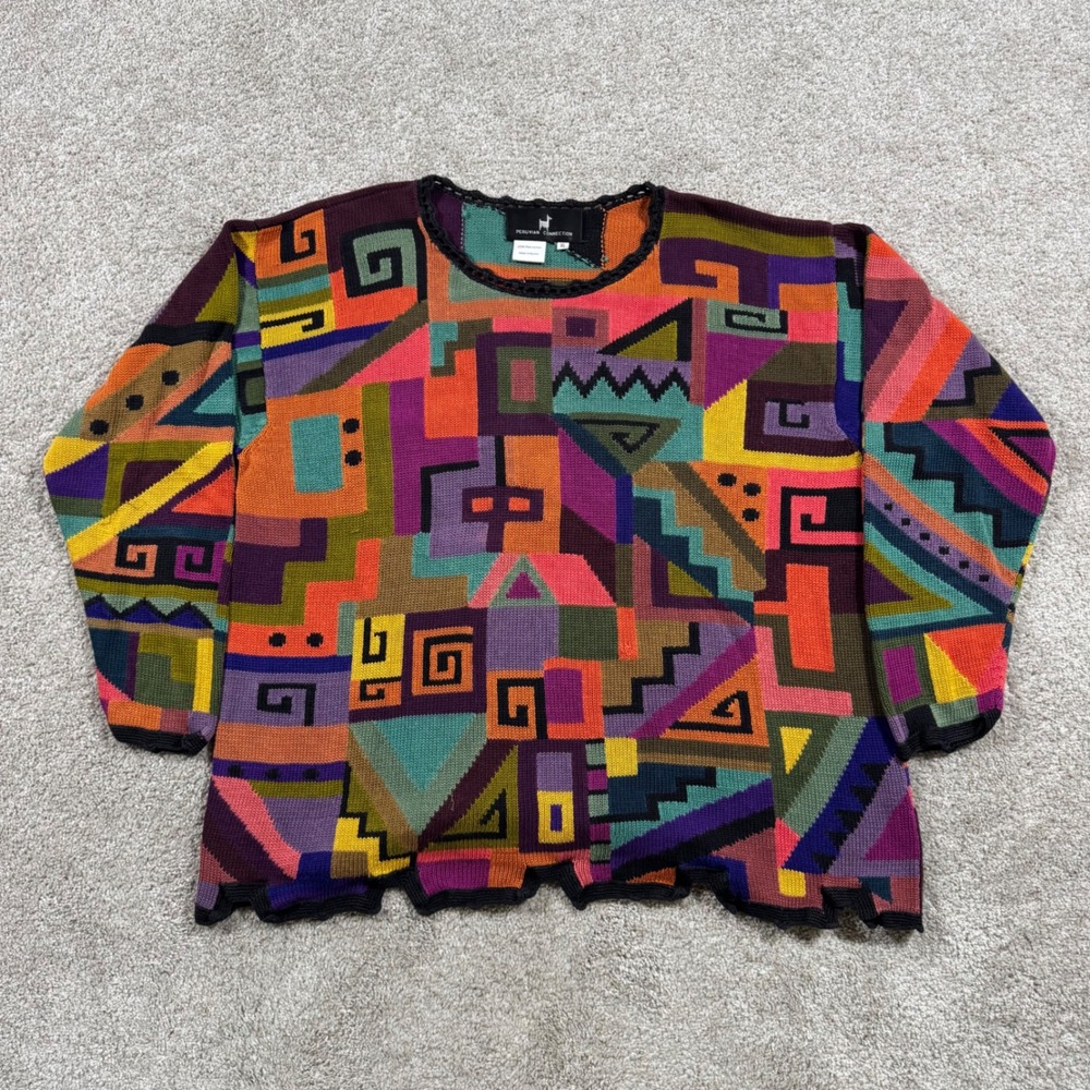 Peruvian Connection XL Pima Cotton Geometric Intarsia Knit Sweater Multi-Color